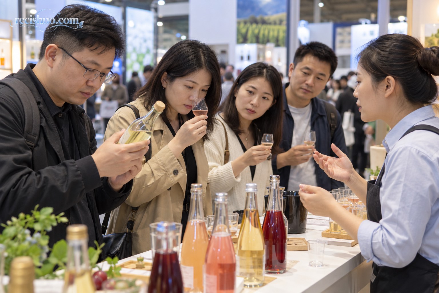 成年消费者在展会品鉴台观察酒瓶并了解低度果味酒饮