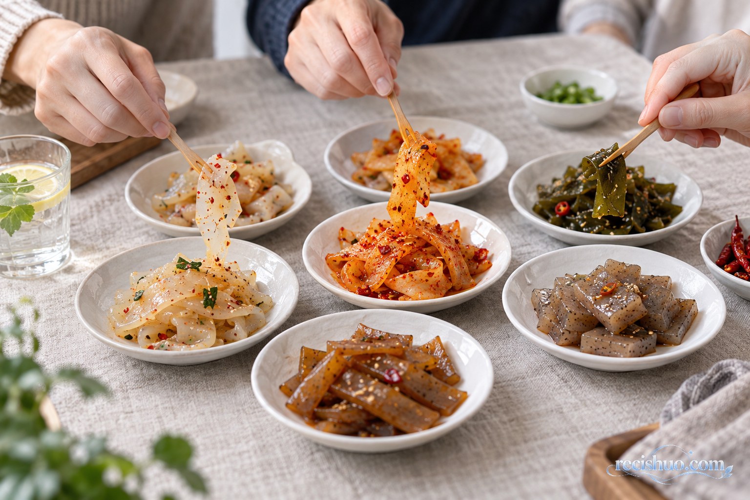 品鉴者比较多种口味和形态的魔芋食品