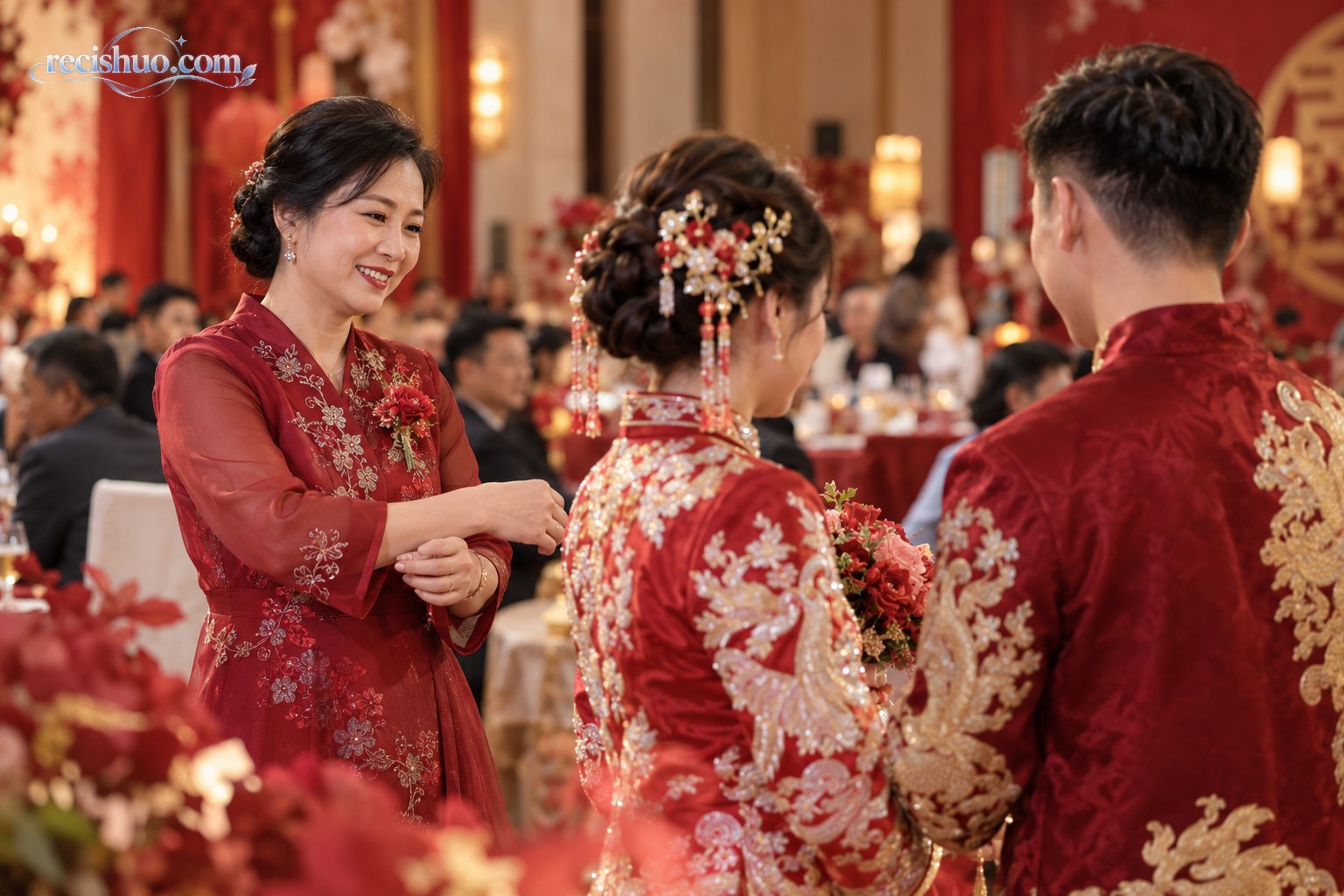 喜庆婚宴现场,一位身穿红色礼服的母亲微笑站在新人身旁
