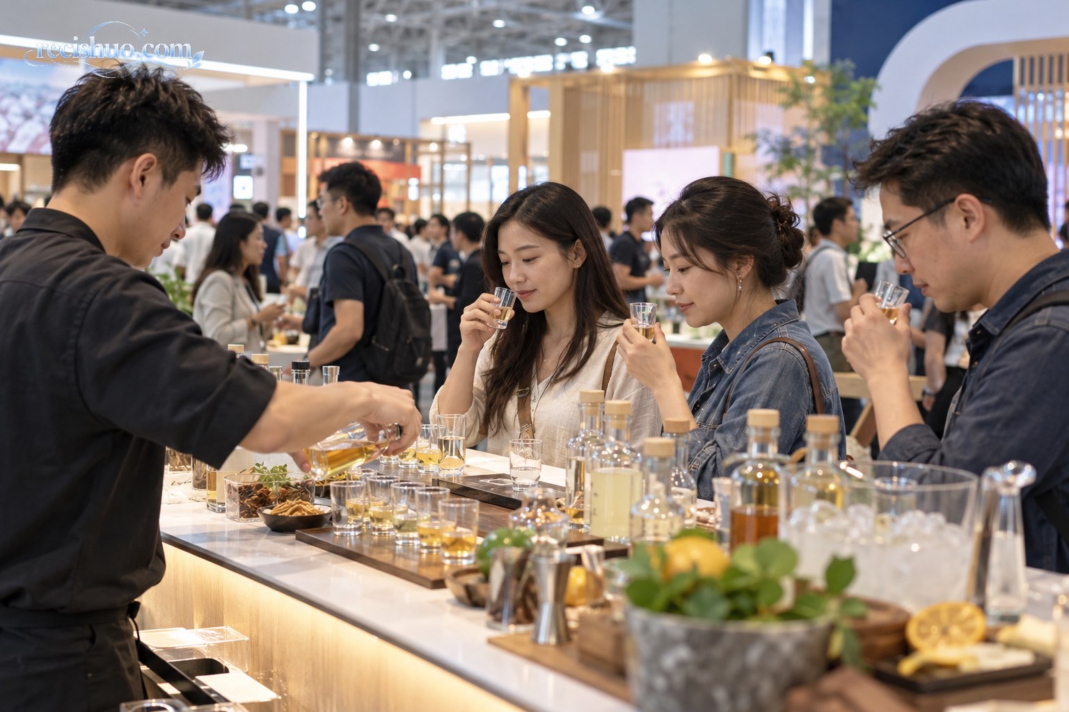 普通消费者在现代酒业展会的开放式展台品鉴小杯酒饮