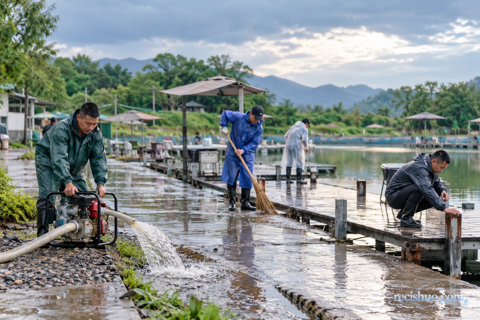 暴雨过后工作人员在钓鱼基地排水并检查设施