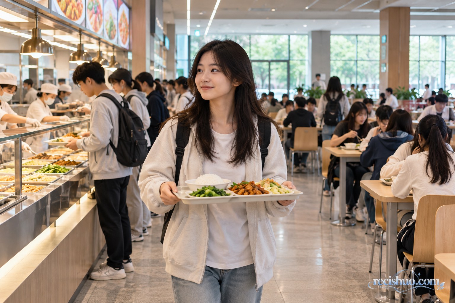 成都高校食堂内学生端着家常饭菜寻找座位