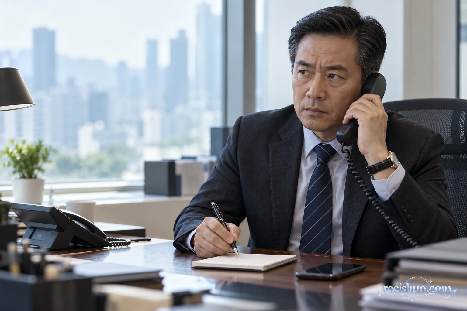 一名虚构的公共事务官员在办公室冷静接听可疑电话并准备记录信息