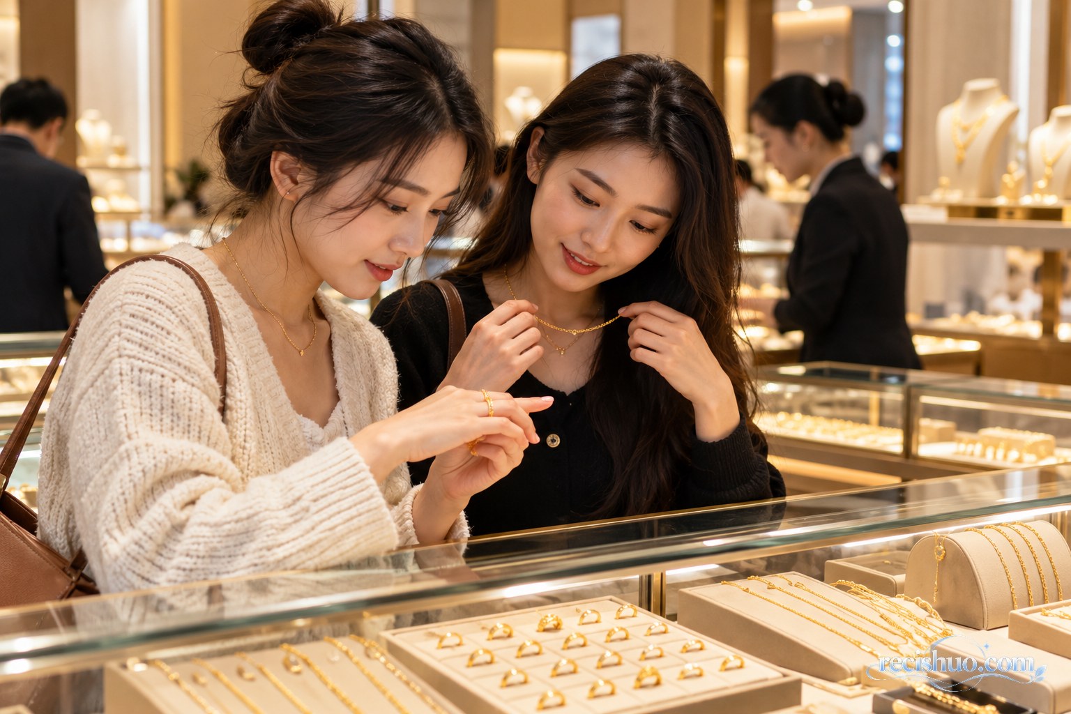 两名年轻消费者在珠宝店柜台试戴并比较简约黄金首饰