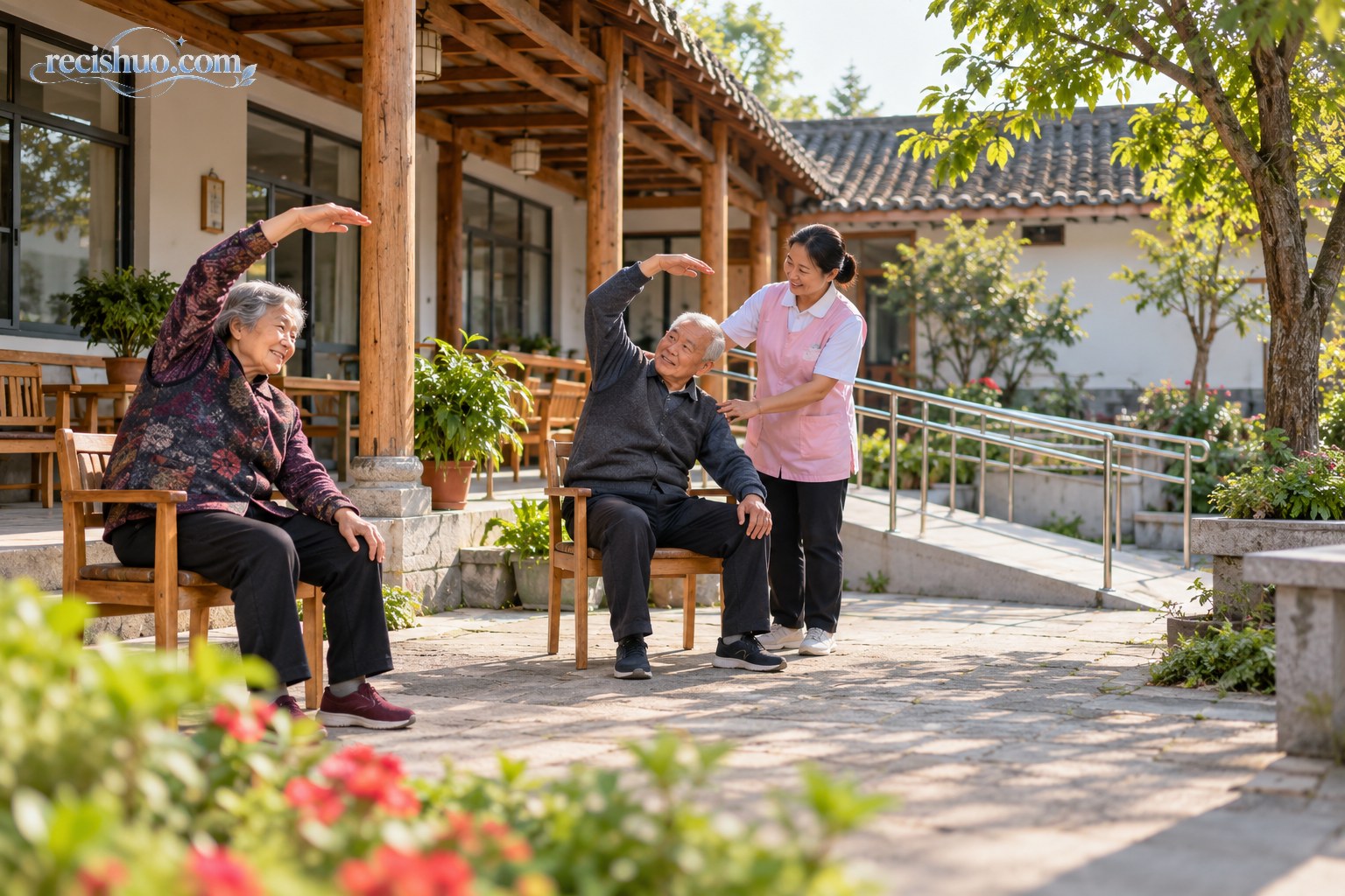 乡村日间照料点内老人在服务人员陪伴下进行伸展活动