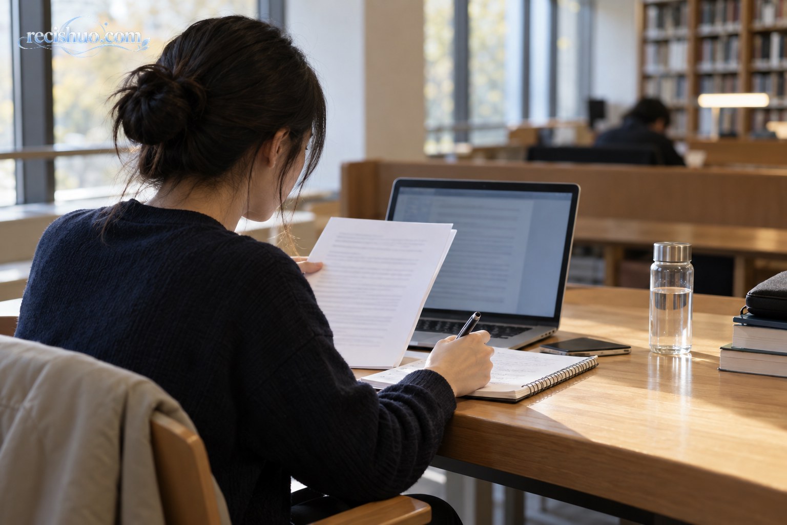 留学生在图书馆认真检查道歉说明与个人笔记