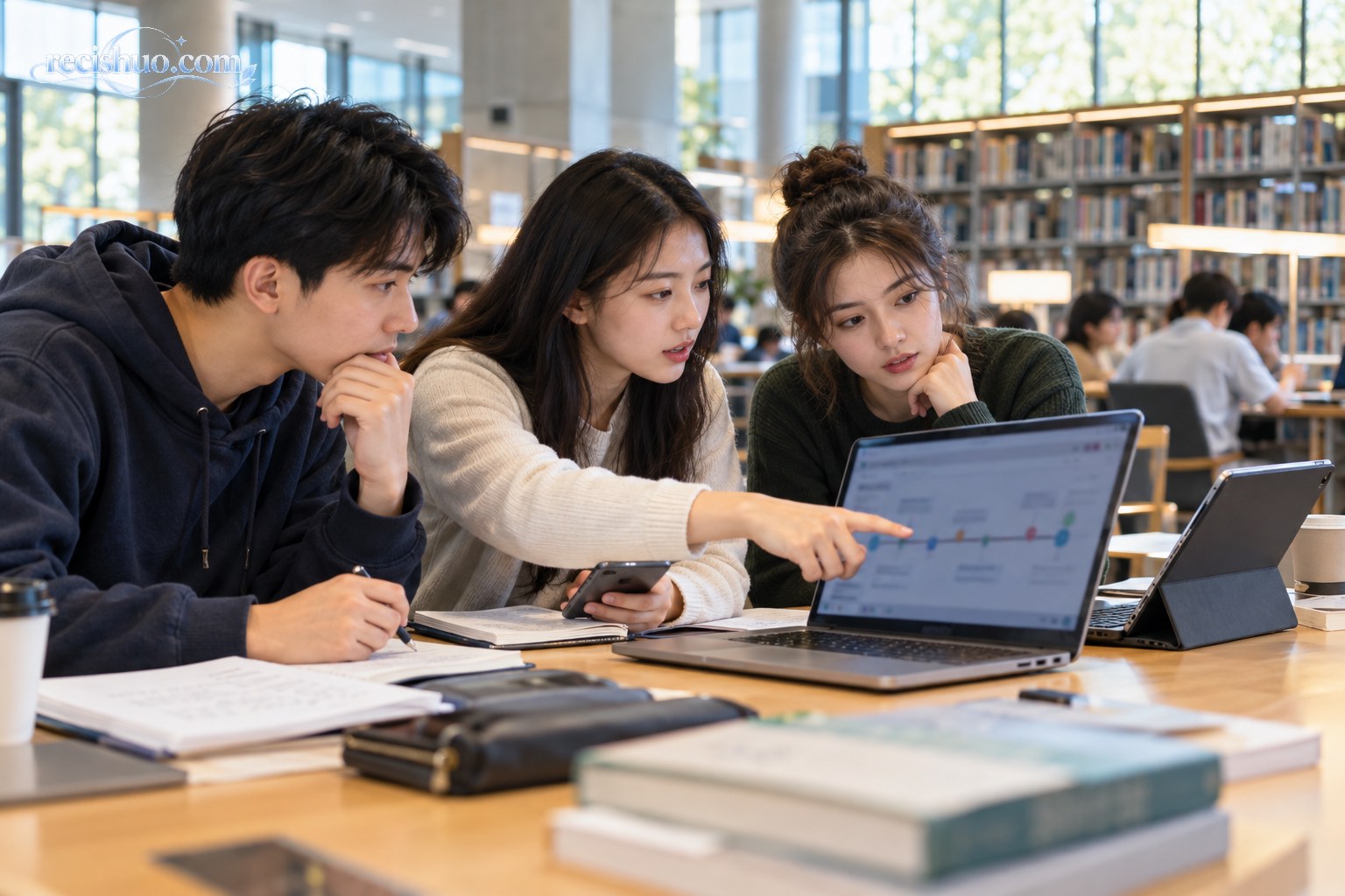 大学生在图书馆对照电脑、手机和笔记核查事件信息