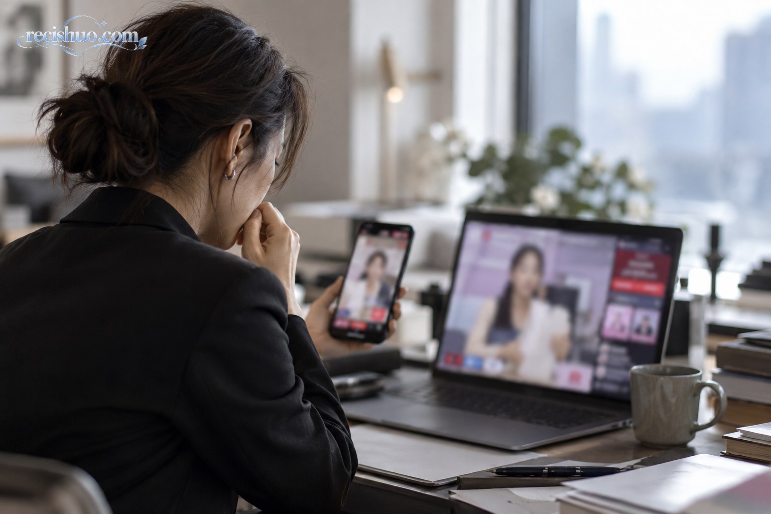 一名女性在工作室查看手机和电脑中的疑似仿冒带货视频