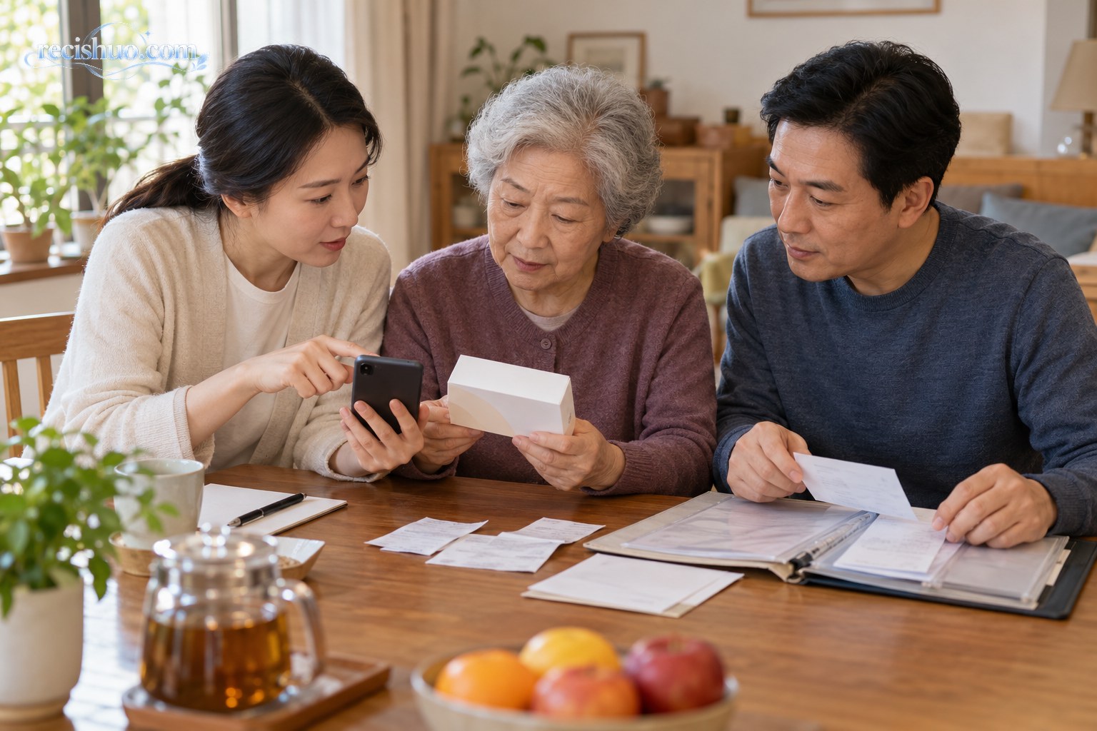 家人陪伴老人核验产品信息并整理消费凭证
