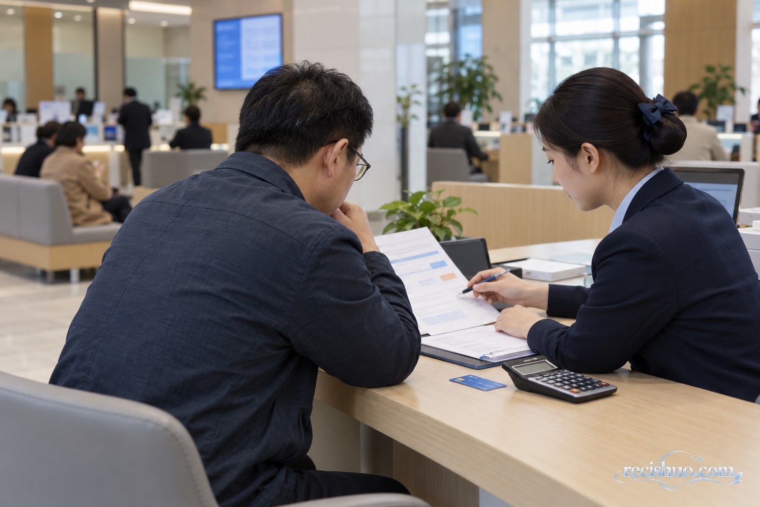 储户在银行营业厅与工作人员查看大额存单资料