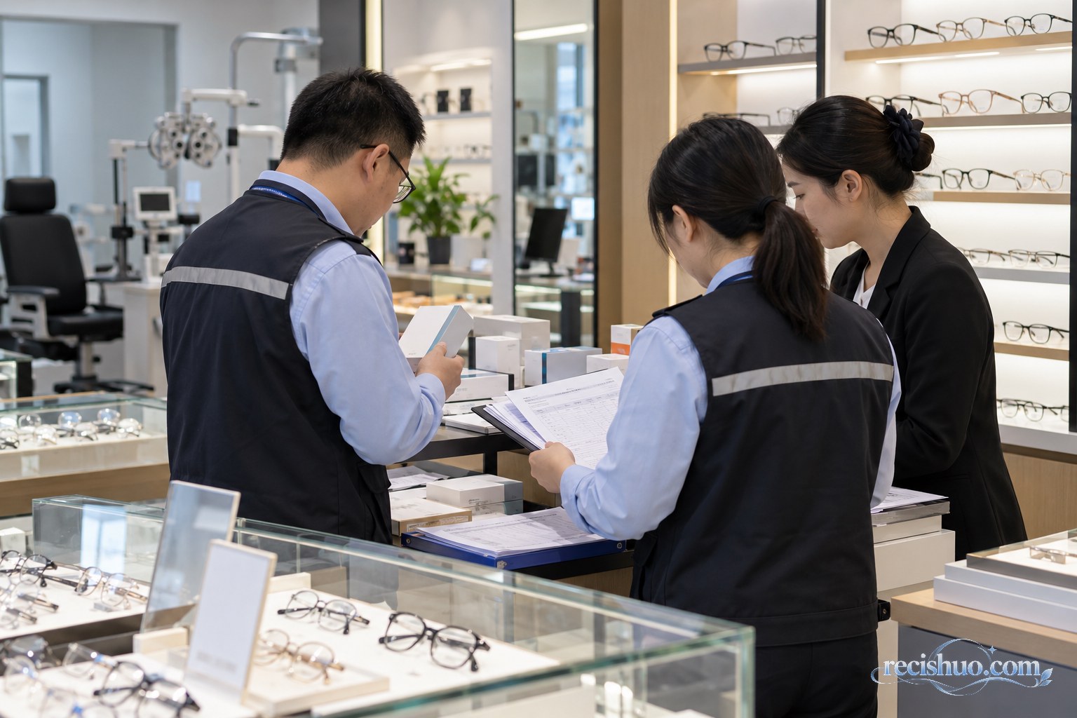 消费者在眼镜店与专业人员核对镜片包装和产品资料
