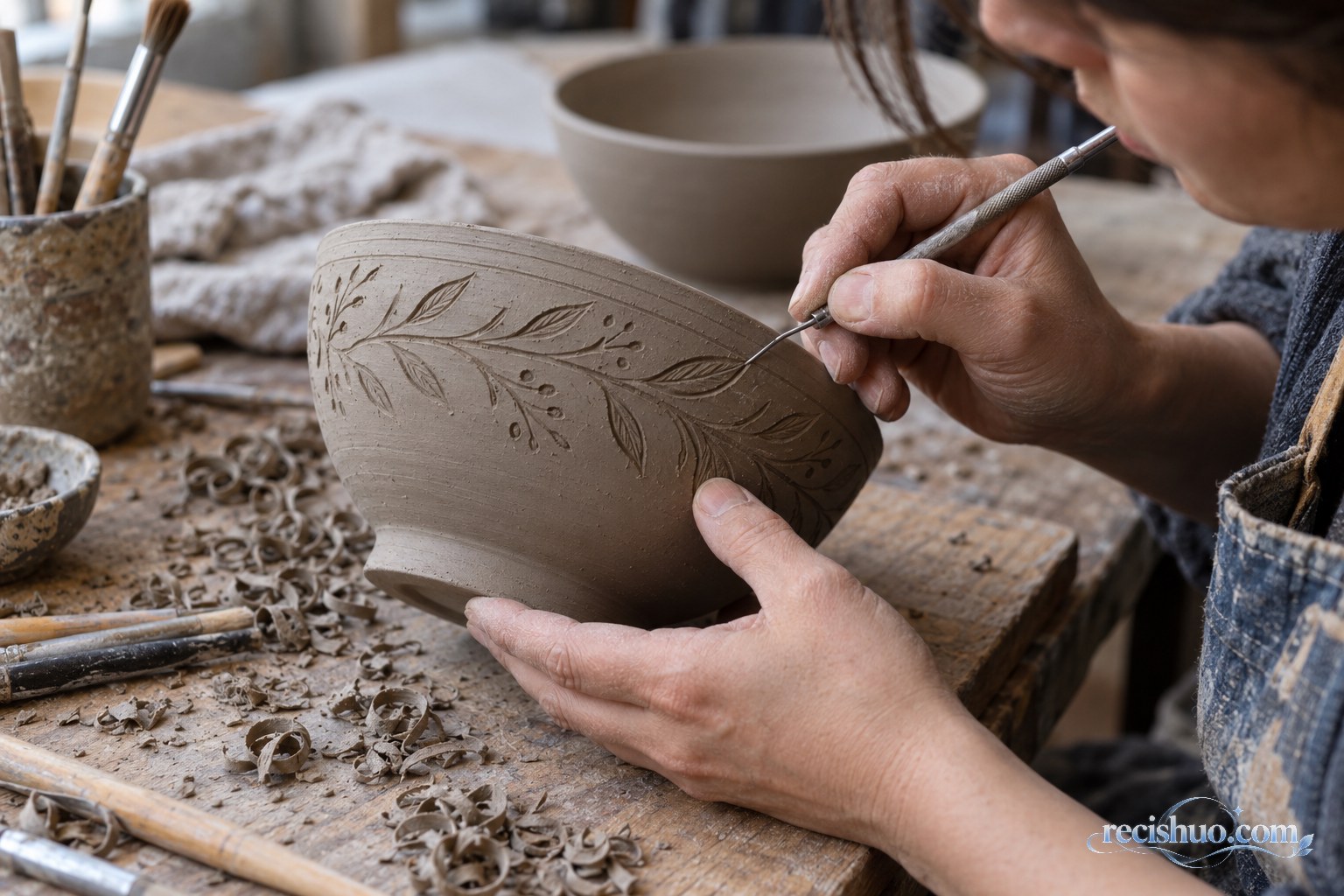 工艺师在半干陶碗表面用金属工具细致刻画枝叶纹样