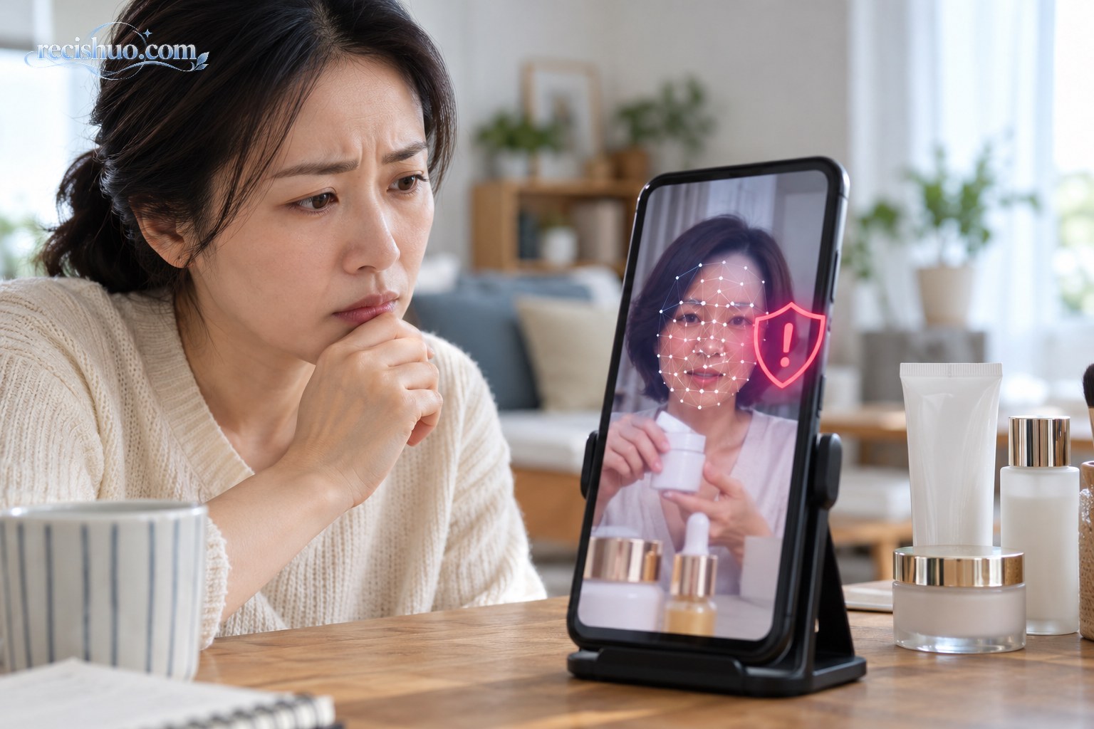 消费者审视带有数字面部网格警示的虚构主播带货画面