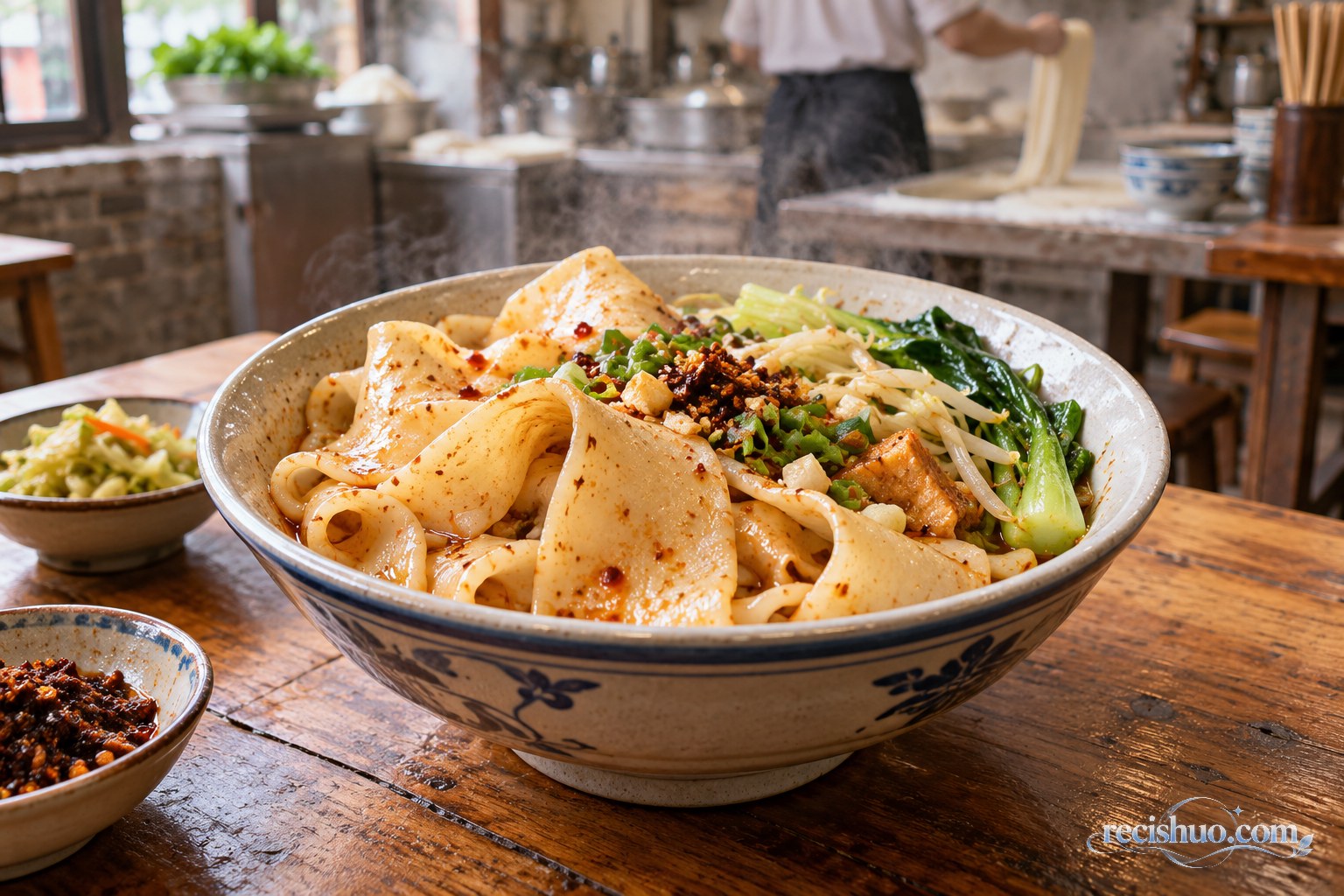 西安街巷面馆木桌上一碗配有青菜和调味料的手工大宽面