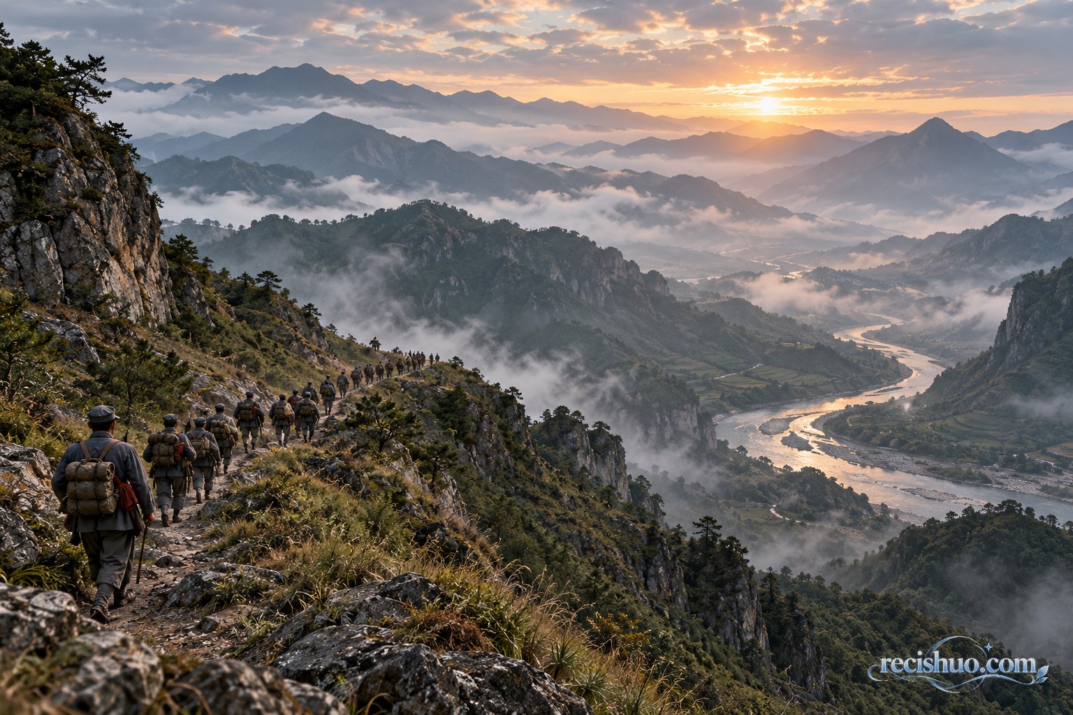 晨光中的群山与河谷之间,一支远征队伍沿山脊前行
