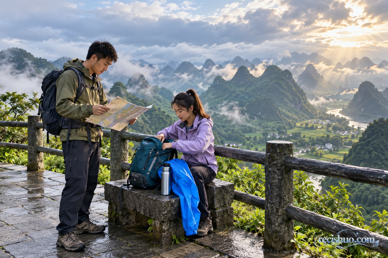 游客在贵州山地观景平台查看地图并整理雨衣和饮水