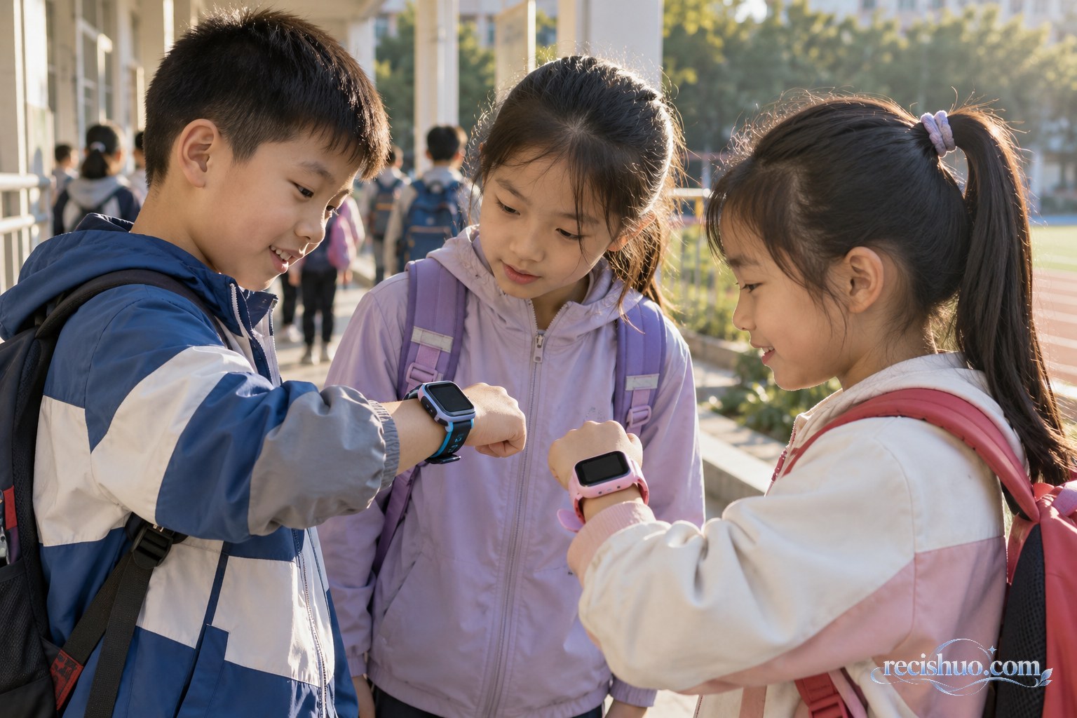 三名小学生在放学后交流各自佩戴的儿童智能手表