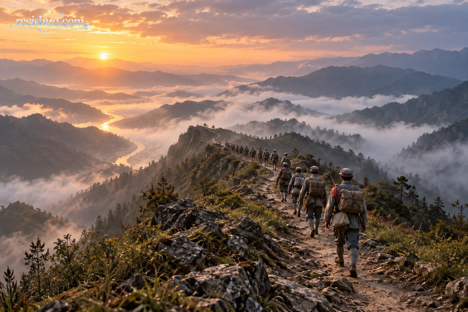 晨雾群山间,一支队伍沿蜿蜒山路共同前行的历史场景