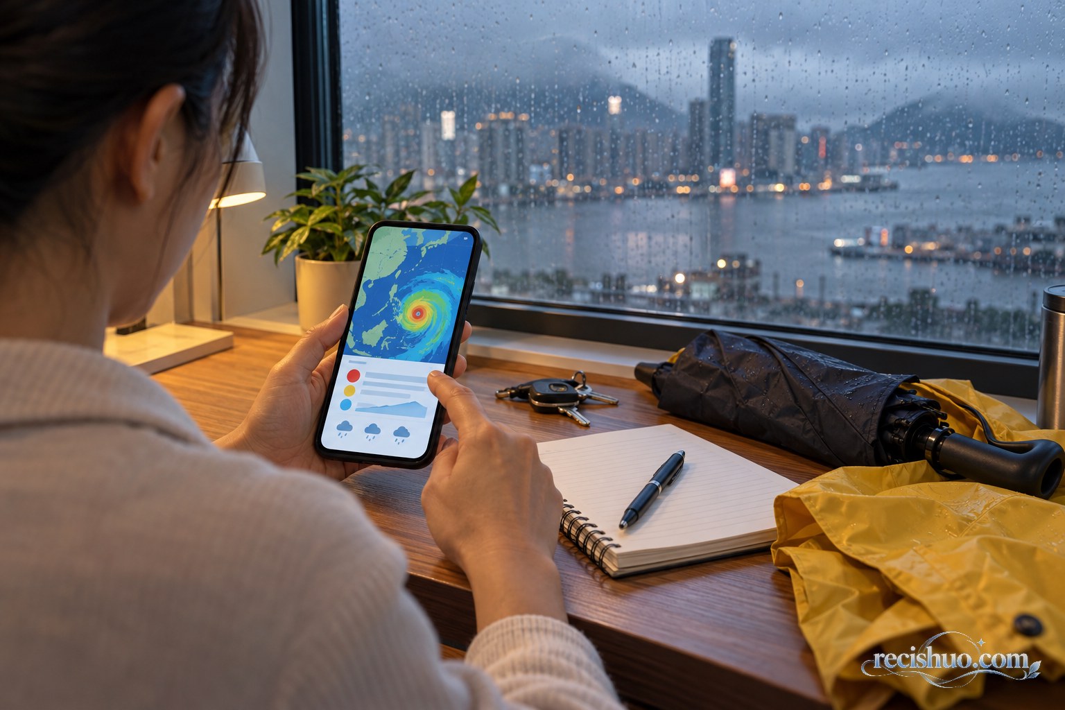居民在雨天通过手机查看台风动态并准备雨具和出行物品