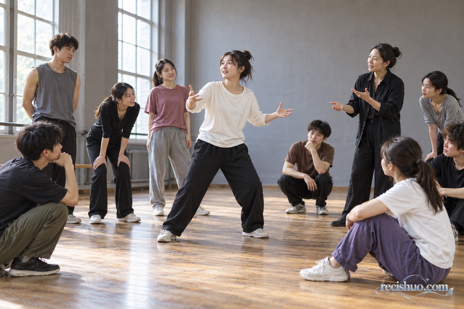 不同外形与气质的学生在排练室参加群体表演训练