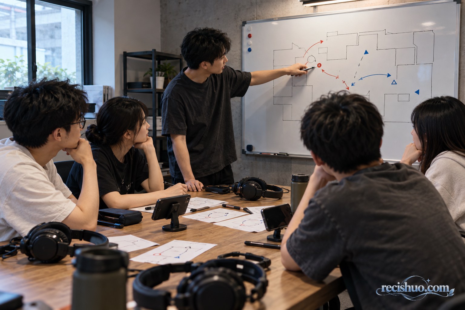 五名玩家围绕战术板复盘团队竞技对局