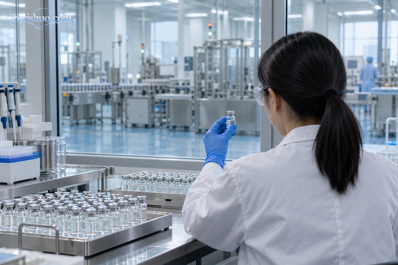 科研人员在现代生物医药实验室观察无标签样品瓶,背景为疫苗生产设备