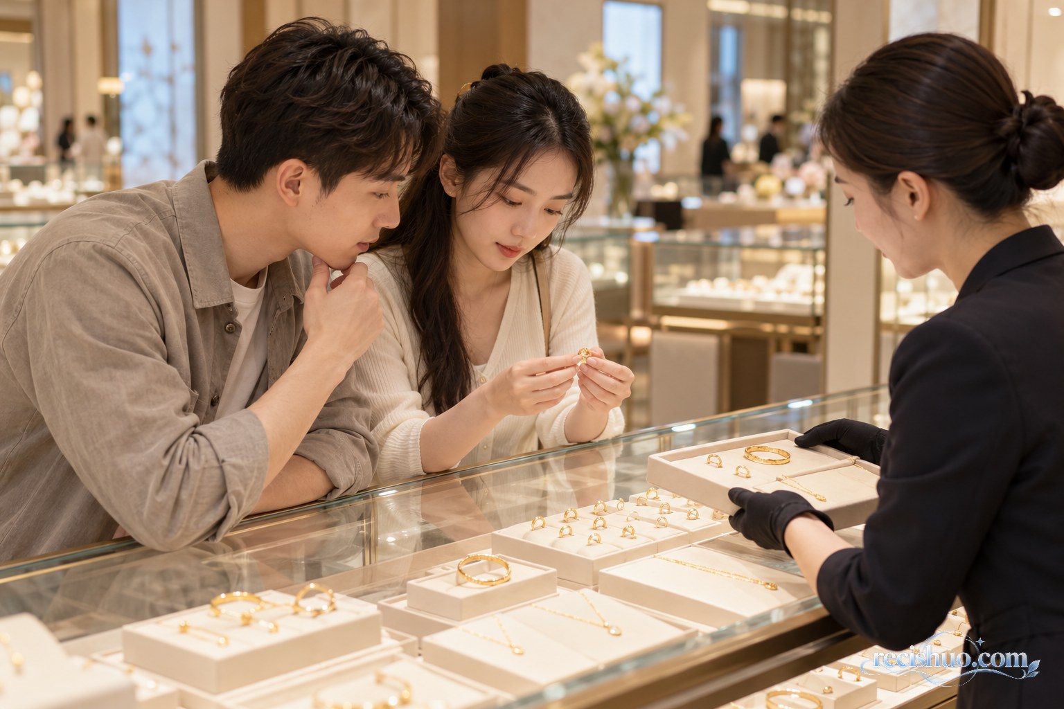 年轻准新人在现代金店柜台前理性挑选简约金饰