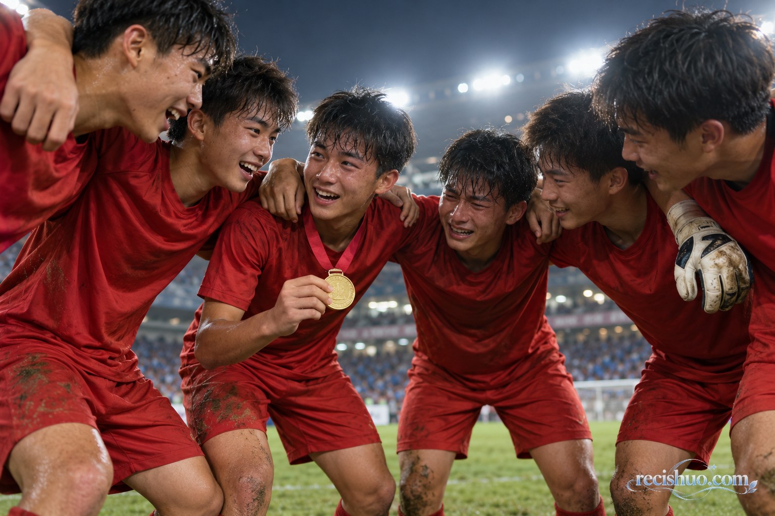 青年足球队员赛后相互搭肩庆祝并展示金色奖牌