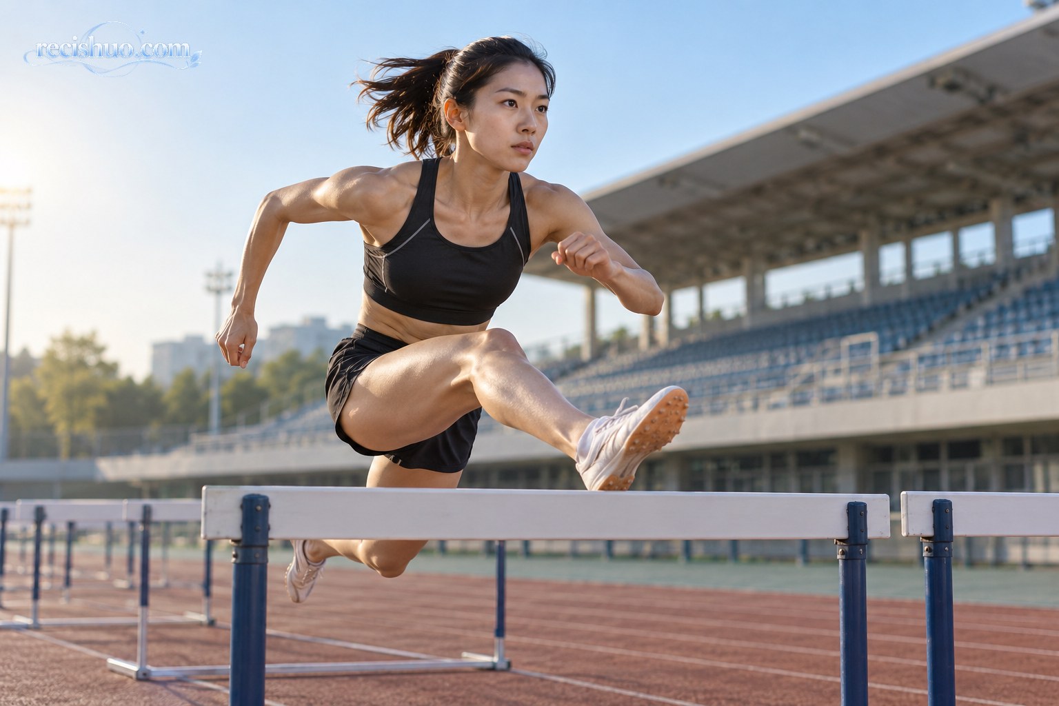 清晨田径场上，一名中国女子跨栏运动员正在越过栏架