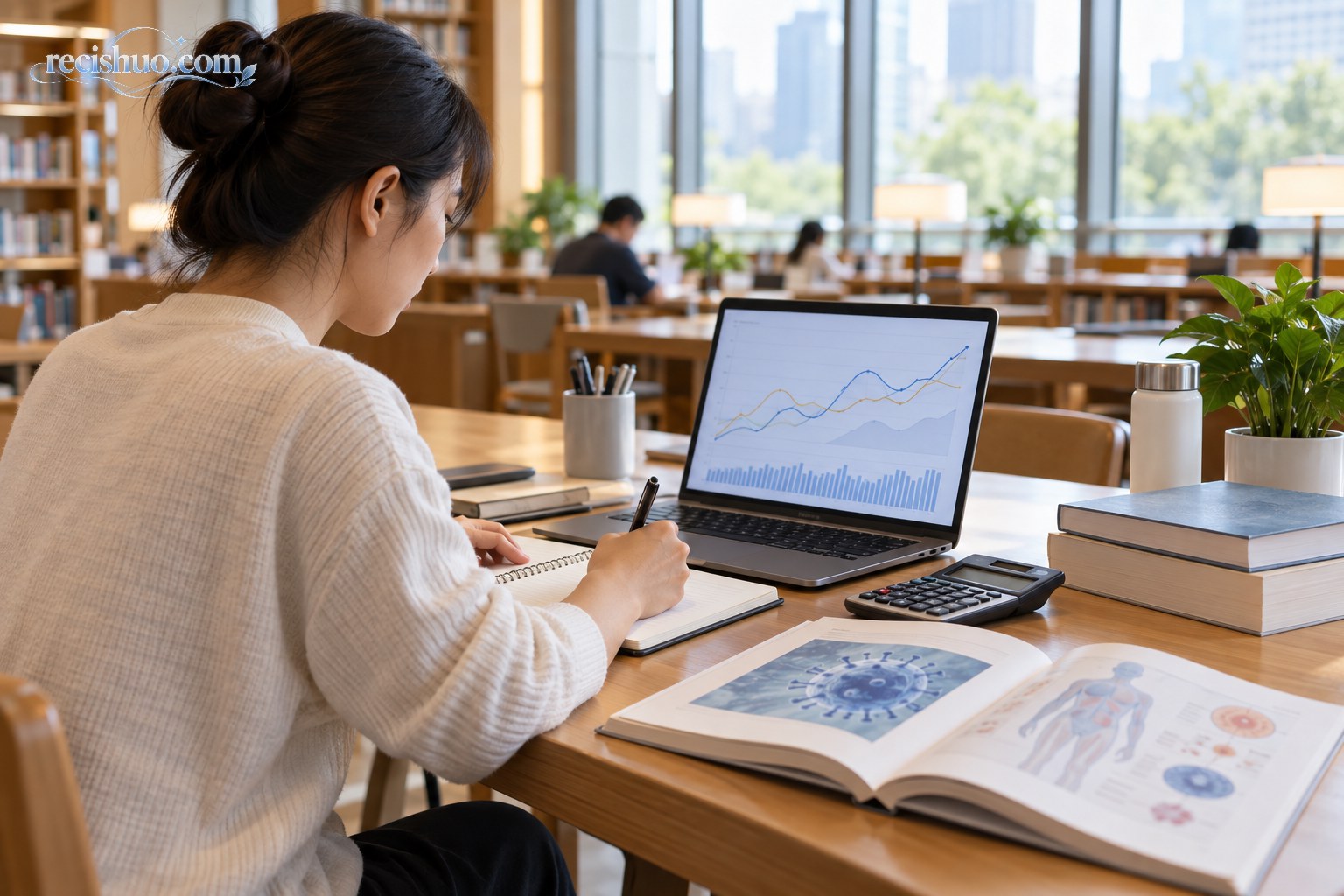 读者在图书馆结合行业图表和医学资料进行理性分析