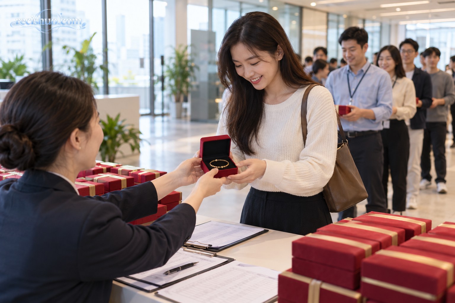 员工在公司福利领取台接过装有纯金手链的首饰盒