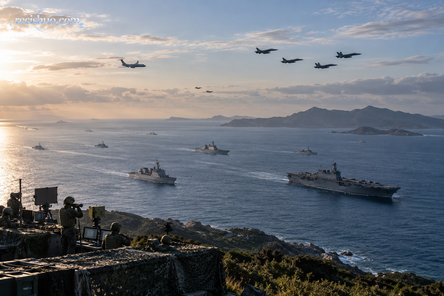 海上舰船与空中飞机协同演训的概念性全景画面