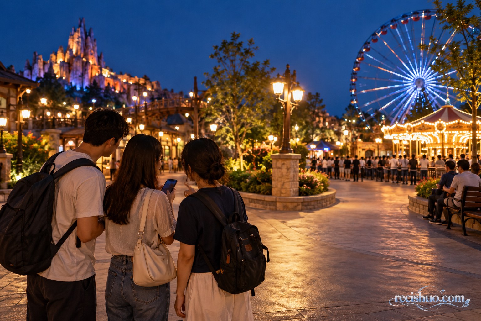三名游客在夜间乐园步道旁查看手机并商量游览路线