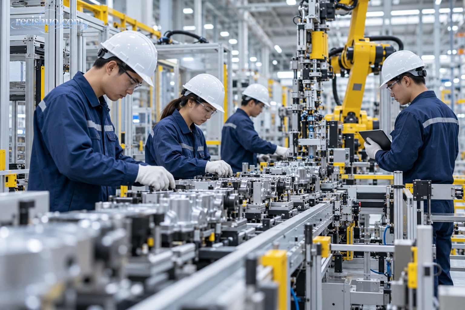 技术人员在现代化制造车间检查自动化生产线