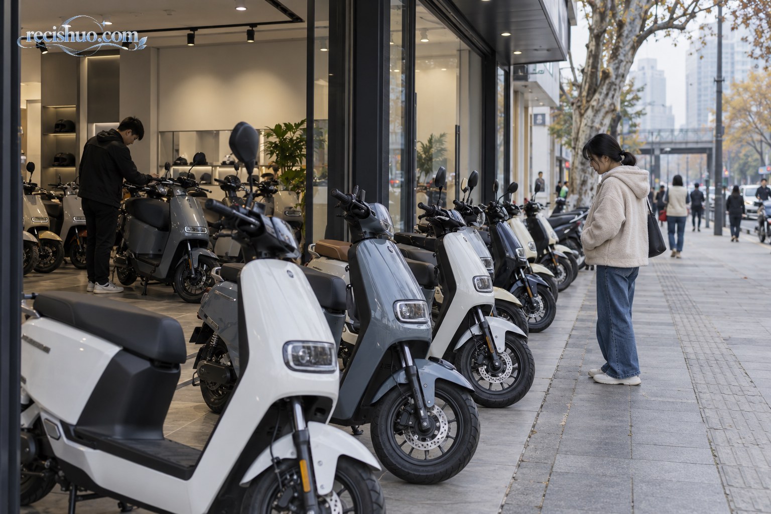 城市街边电动两轮车门店陈列多款车辆，一名消费者正在门外查看