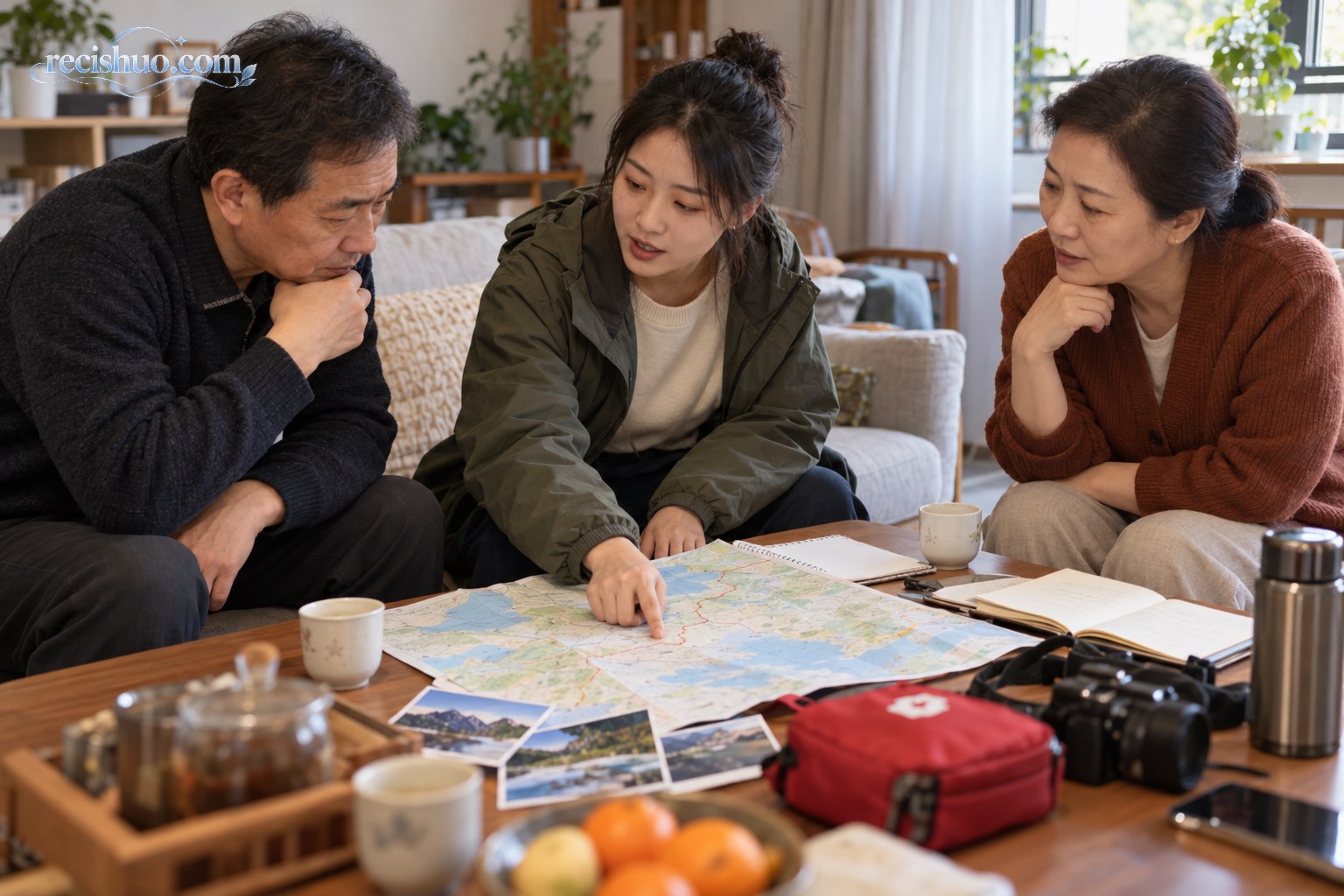 年轻人与父母围坐客厅,根据地图沟通旅行路线和安全安排