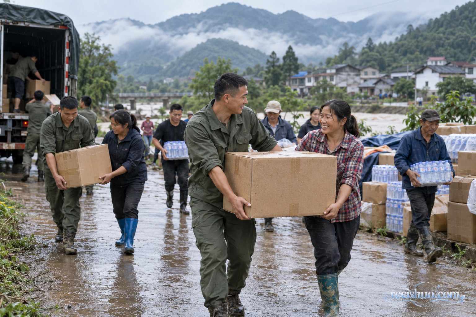 雨后乡村道路旁，工作人员与当地群众并肩搬运生活物资