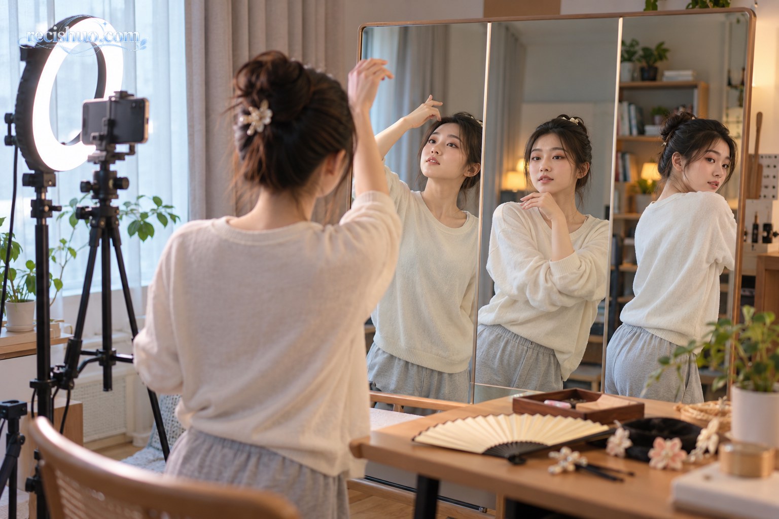 年轻创作者在镜子和手机镜头前分解练习表演动作