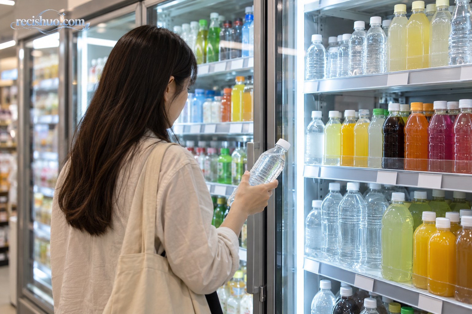 消费者在便利店冷柜前比较不同品类和容量的瓶装饮料