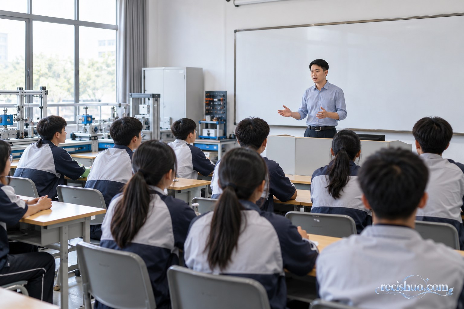职业学校教师在实训教室向学生讲解校园纪律