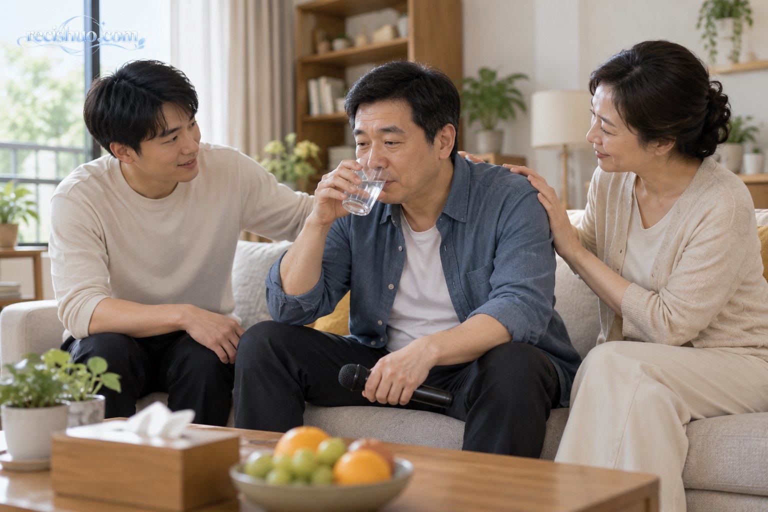 男子停止唱歌后坐下饮水休息,家人在旁关心陪伴