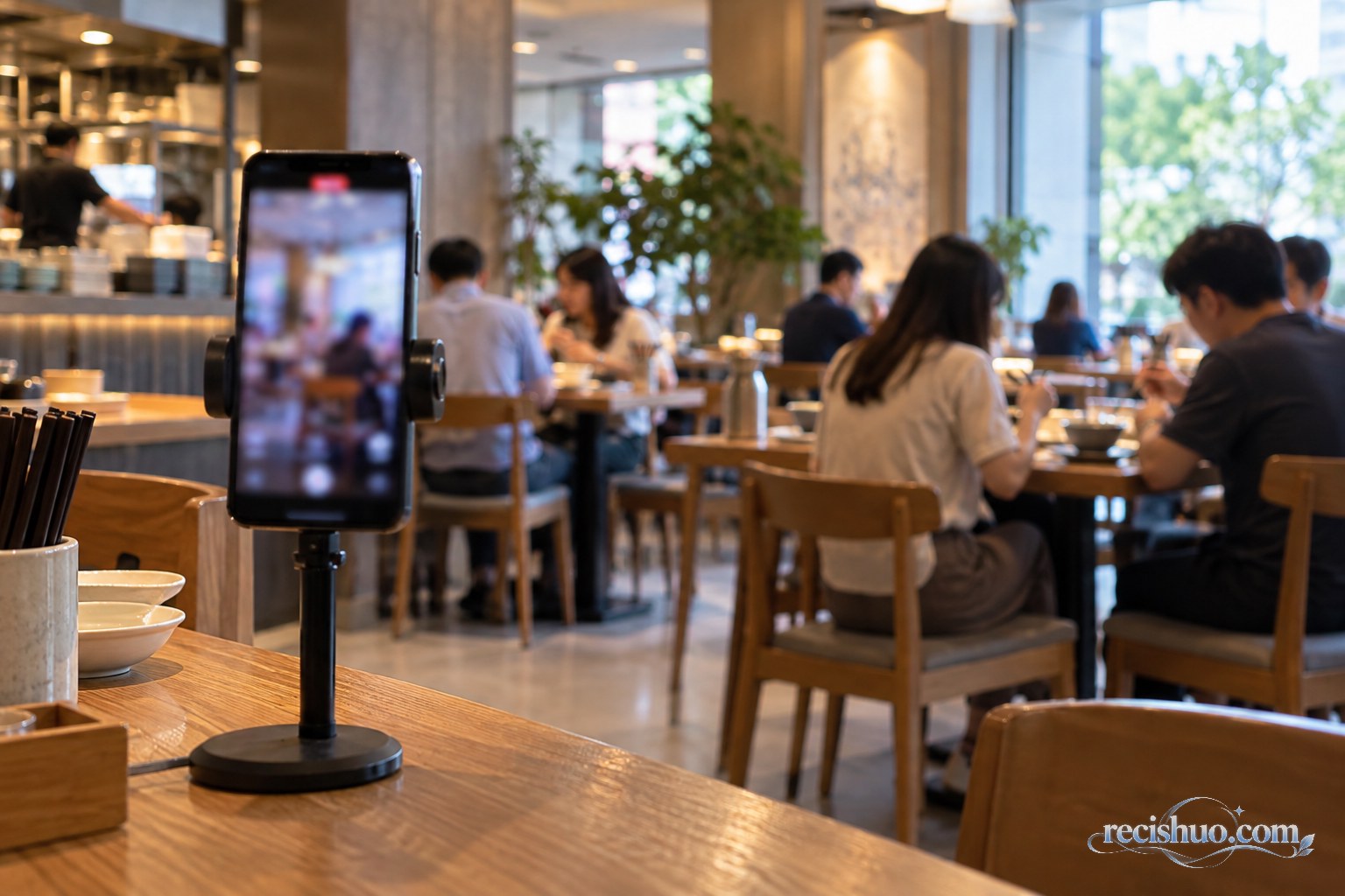 餐馆内直播手机镜头朝向开放用餐区和多桌顾客