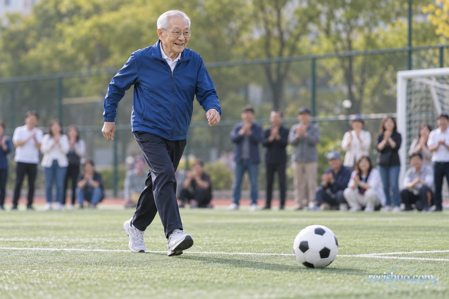 一位精神矍铄的高龄长者在绿茵场上走向足球