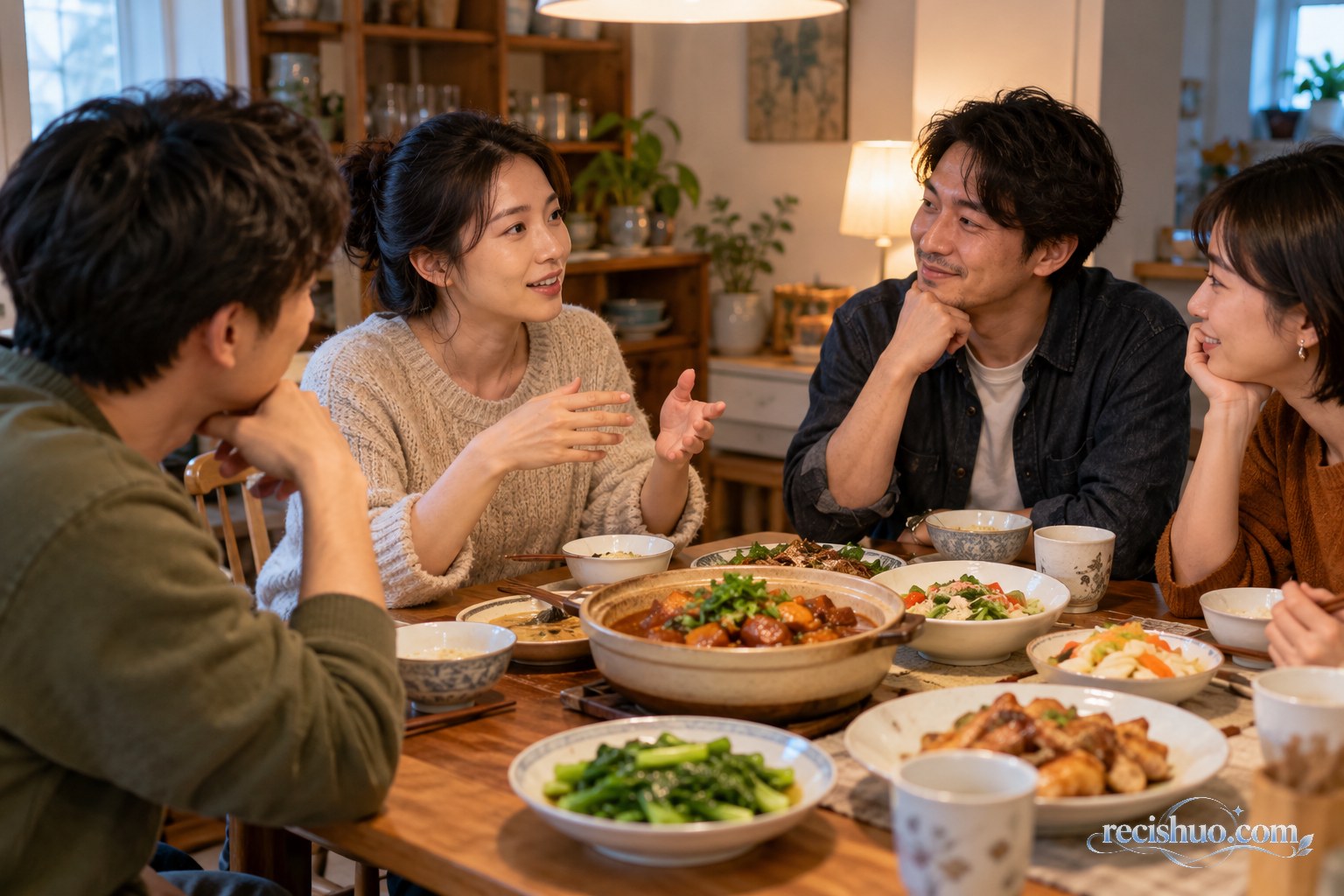 几位朋友围坐家中餐桌轻松交谈，桌上摆着不同风格的家常菜