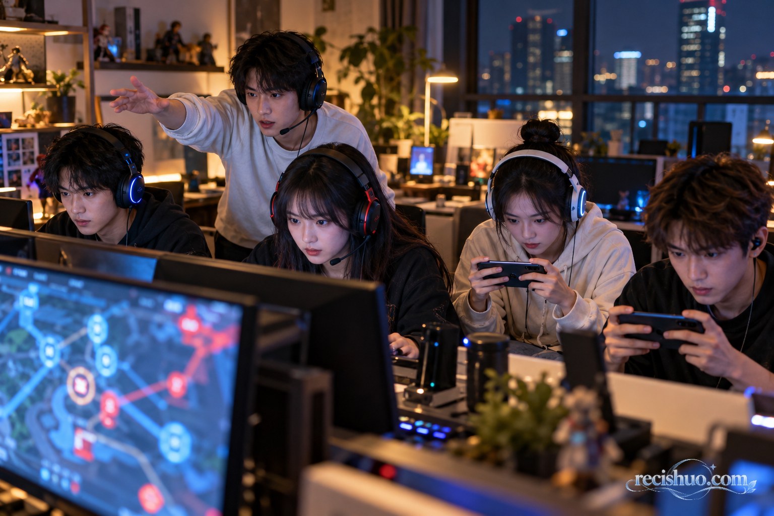 五位年轻玩家在夜间训练区专注配合进行团队竞技对局