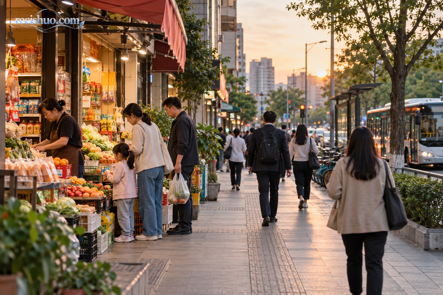 城市社区商业街上居民购物、店主经营与上班族通勤的日常场景