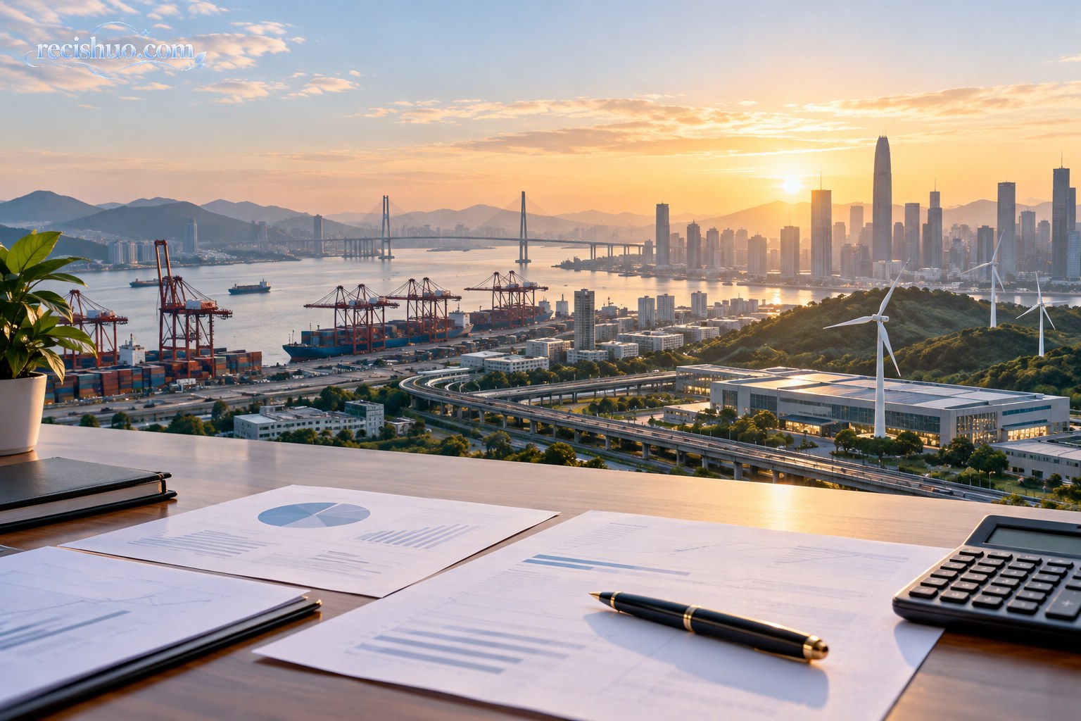 晨光中的城市、港口与清洁能源设施构成产业景观,前景摆放分析图表和计算器