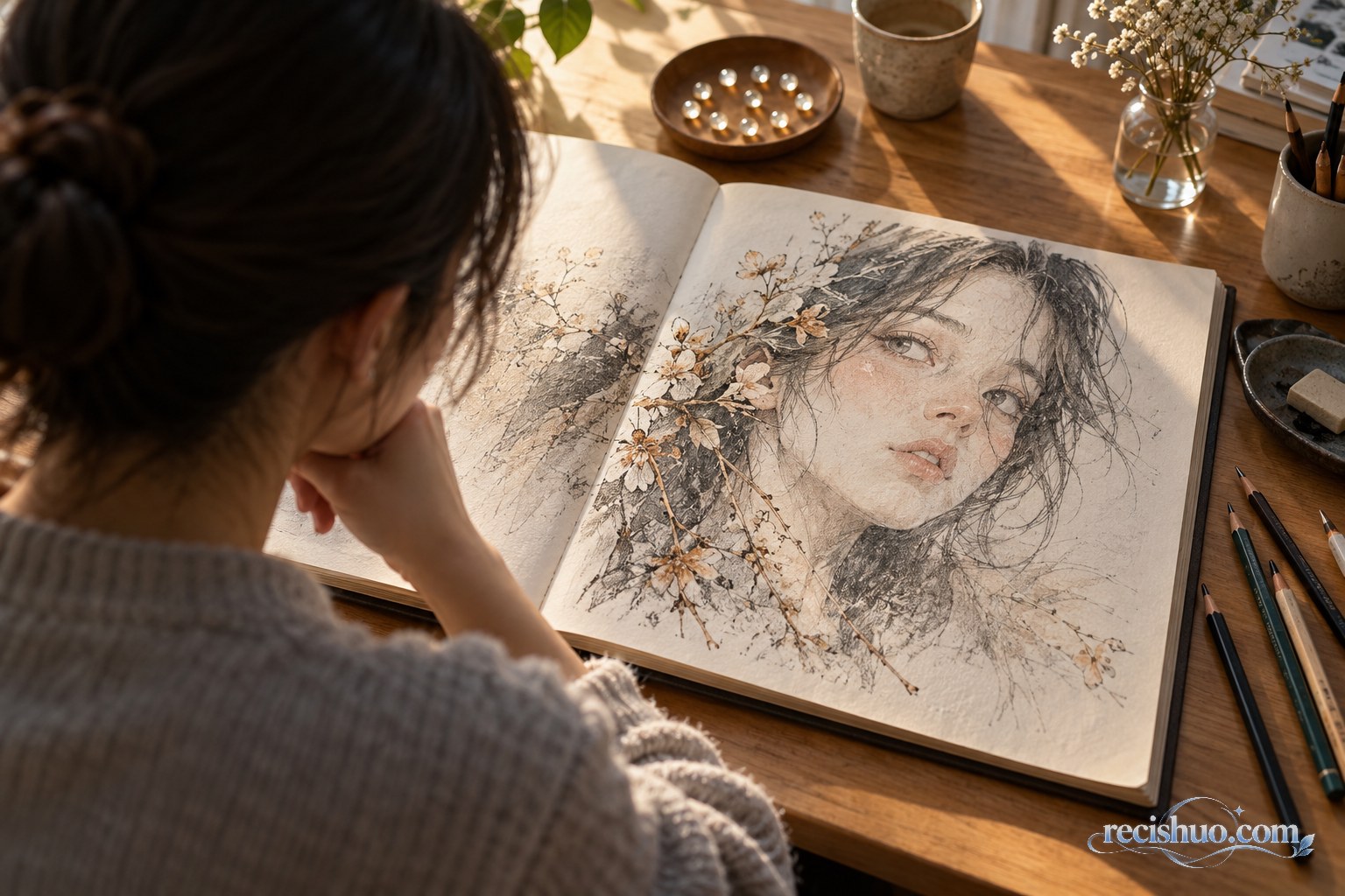 观众在暖色日光下凝视摊开的手绘人物肖像