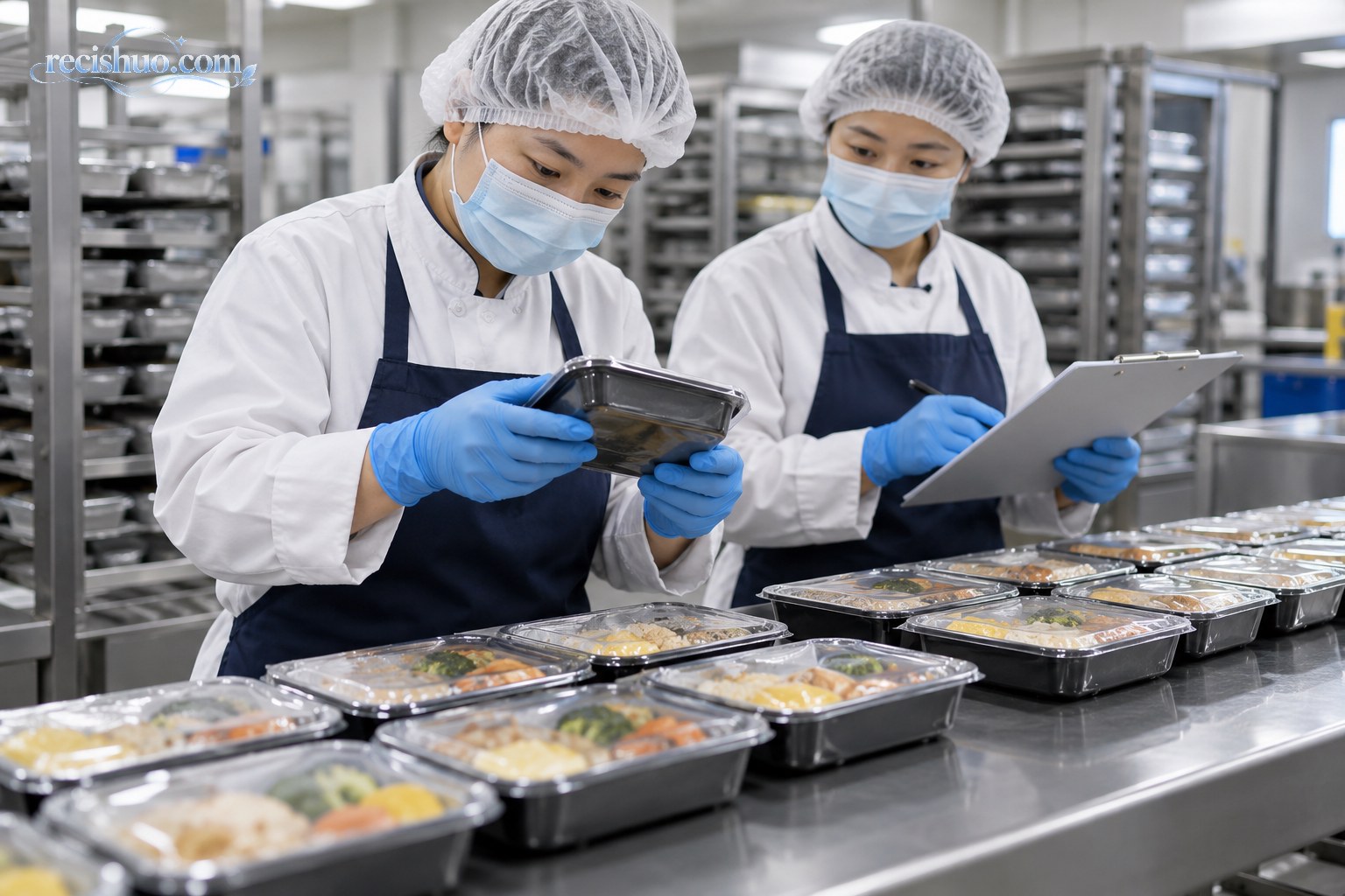 机场配餐工作区内两名工作人员逐盒核验密封餐食的通用场景
