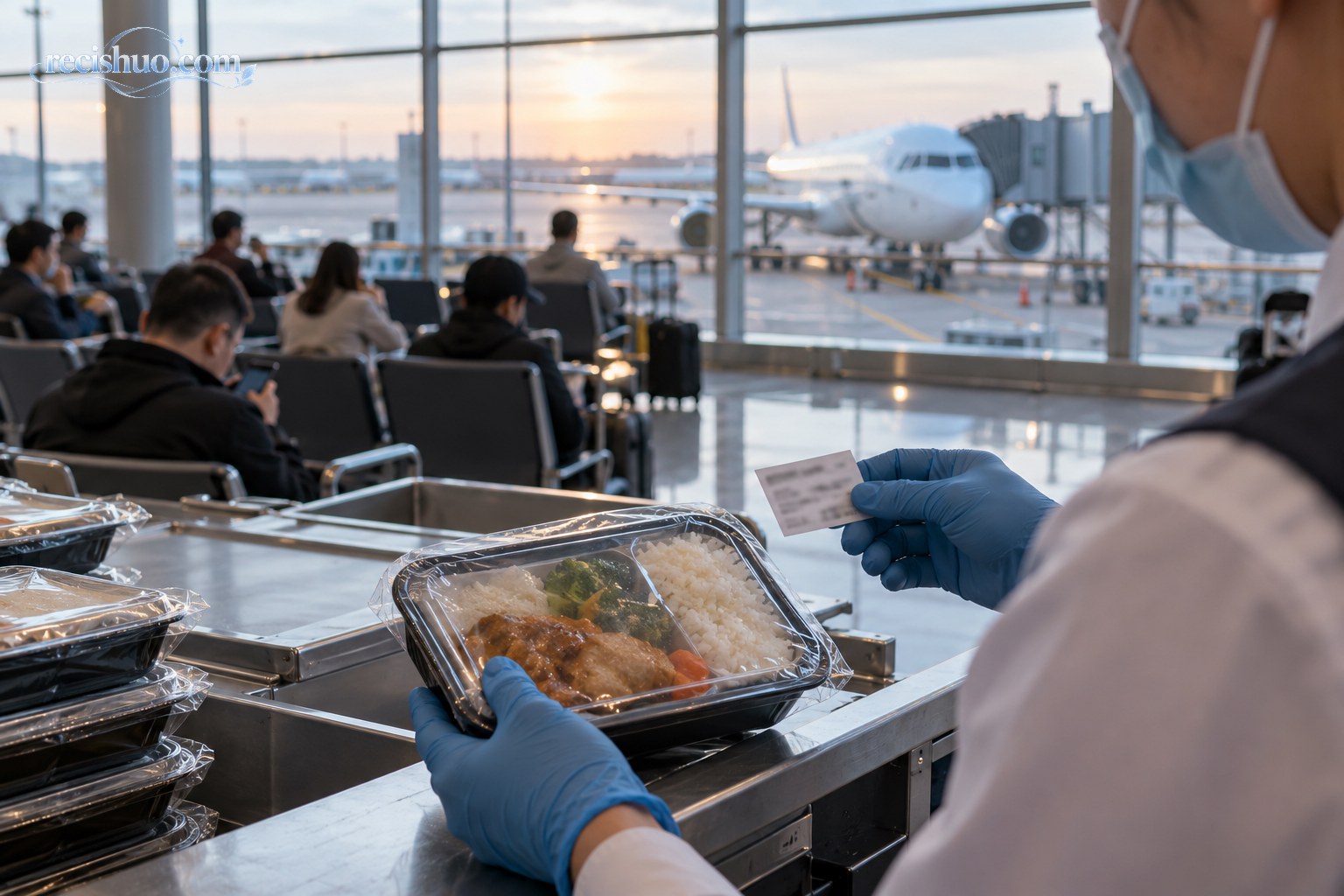 机场候机区内工作人员检查密封航空餐盒日期标签的纪实场景